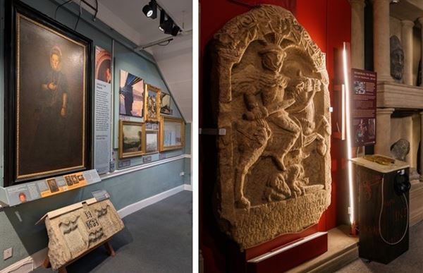 photos of a painting and a large roman tombstone, each with tactile 3D replicas nearby.